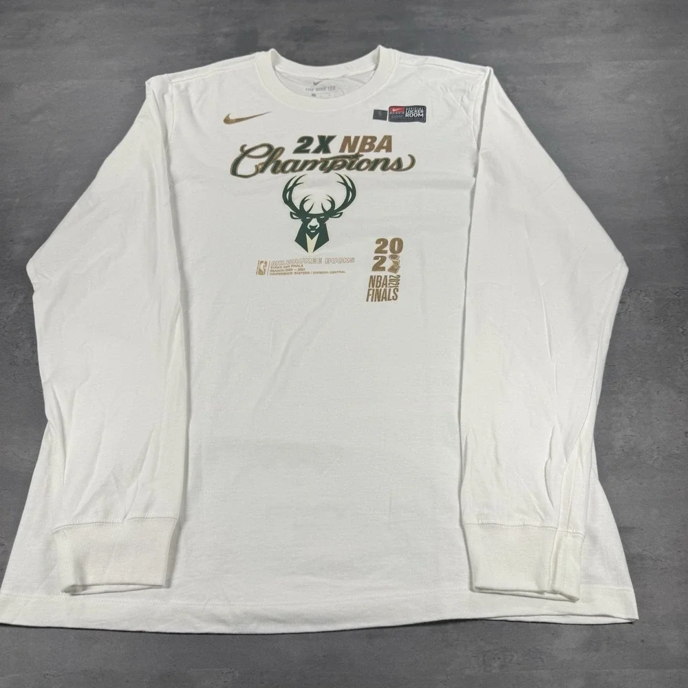 Nike Milwaukee Bucks Shirt Men 2XL XXL Long Sleeve White Green Gold Locker‎ Room